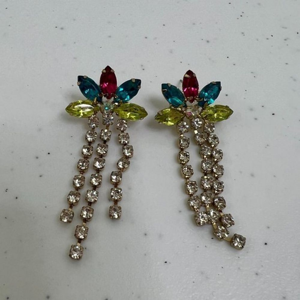Rhinestone Drop Earrings Pink Blue Gold Tone Floral Chandelier Teardrop  Used, s